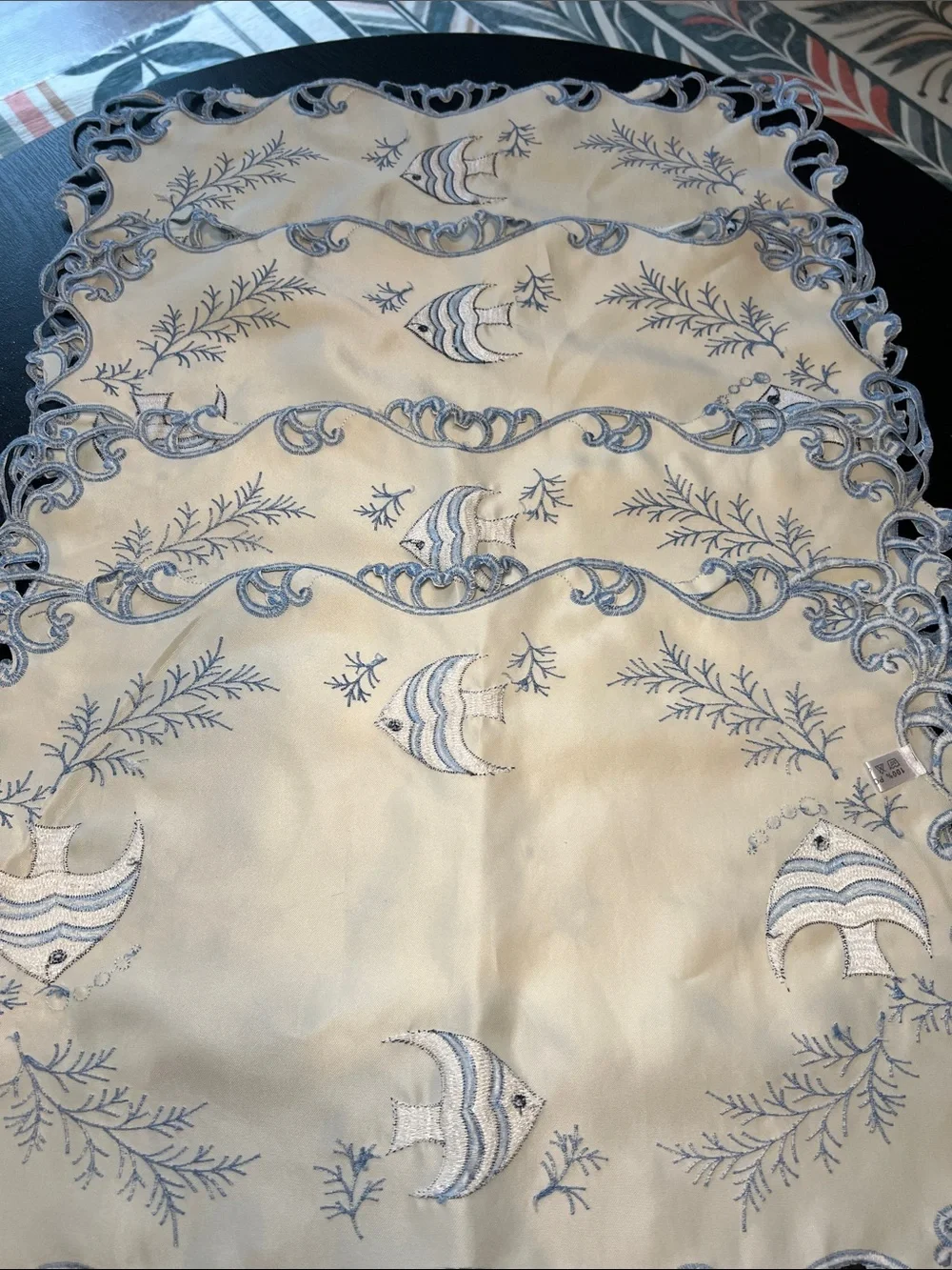 Set of 4 Vintage Blue and White Embroidered Nautical Beach House Fish Placemats
